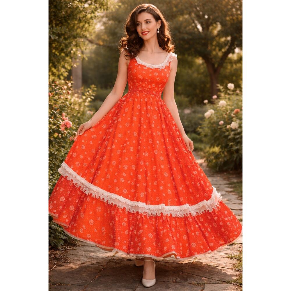 Nadine Vintage 60s 70s Lace Ruffle Formal Prom Ball Gown Dress Size 5/Small